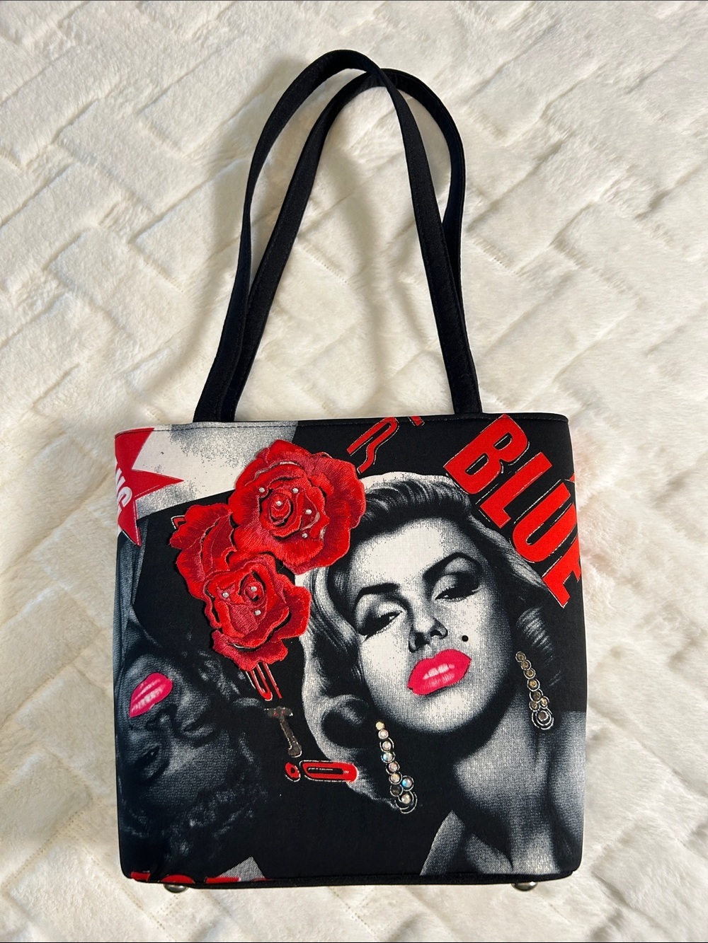 Marilyn Monroe Source Unknown Black Tote with Red Floral and Lip Accents 10x9x4